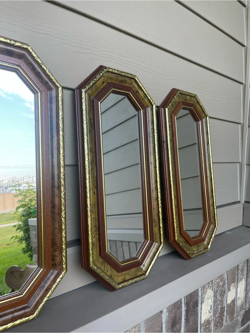 Octagonal Wood and Gold Trim Wall Mirror - Set of 3 18.5”-8” OBO